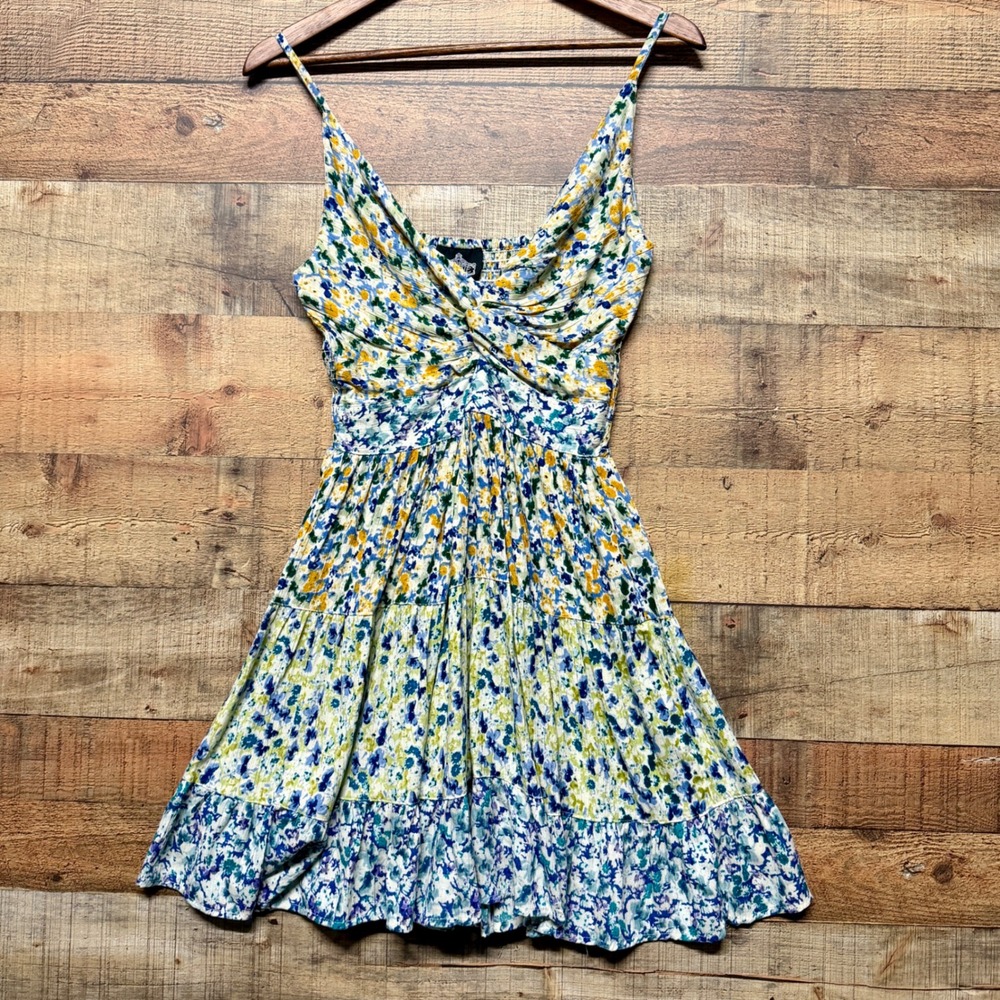 Angie Floral Mini Dress Blue Yellow Smocked Back Tiered Ruffle Rayon Size M NWT